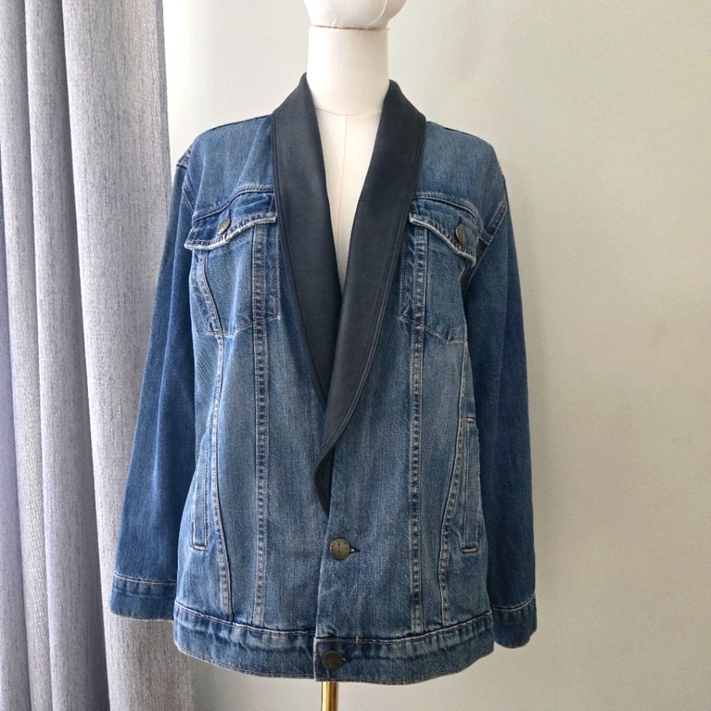 Current/Elliot Tuxedo Trucker Denim Jacket with Calf Skin Lapel Sz 0